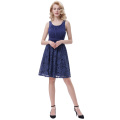 Belle Poque Retro Vintage Sleeveless Crew Neck gefaltet Navy Blue Lace Spleißen A-Line Kleid BP000291-1